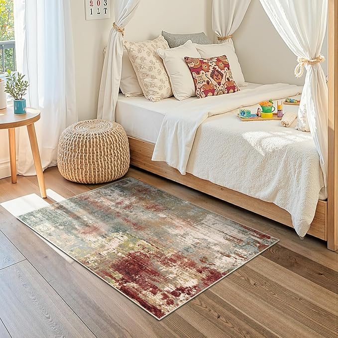 Washable Area Rugs 3'x5' Non-Slip Modern Abstract Soft for Living Room Entryway Bedroom Nursery, Print Pattern, Brown Rust Red Green Blue Multi