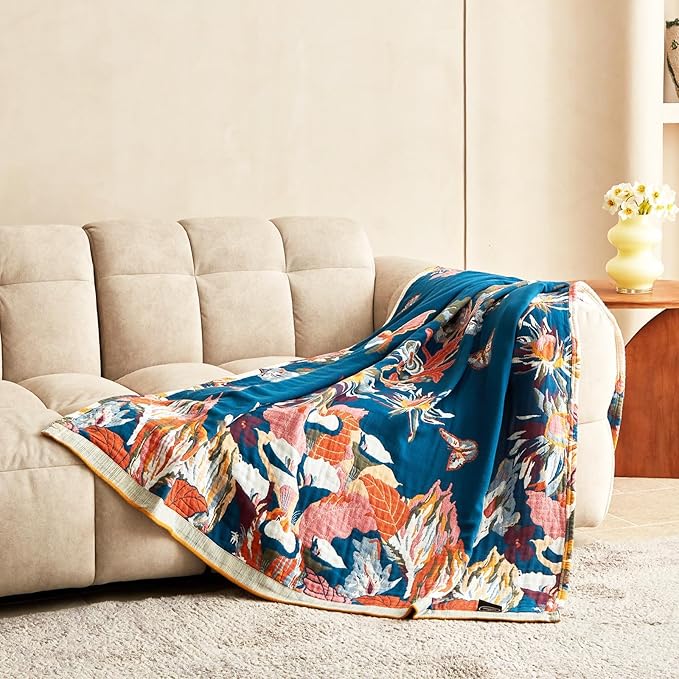 MSGKV Boho Throw Blanket for Couch and Sofa 50"x60" Cotton Throw Cover for Living Room with Floral and Butterfly, Spring Breathable&Lightweight Blanket