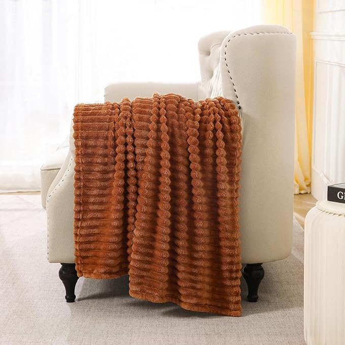 Burnt Orange Fleece Throw Blanket 50”×70” for Couch Sofa Bed,Super Soft Cozy Plush Microfiber Flannel Blanket with Stripes Design Lightweight for Adults,Woman,Girls