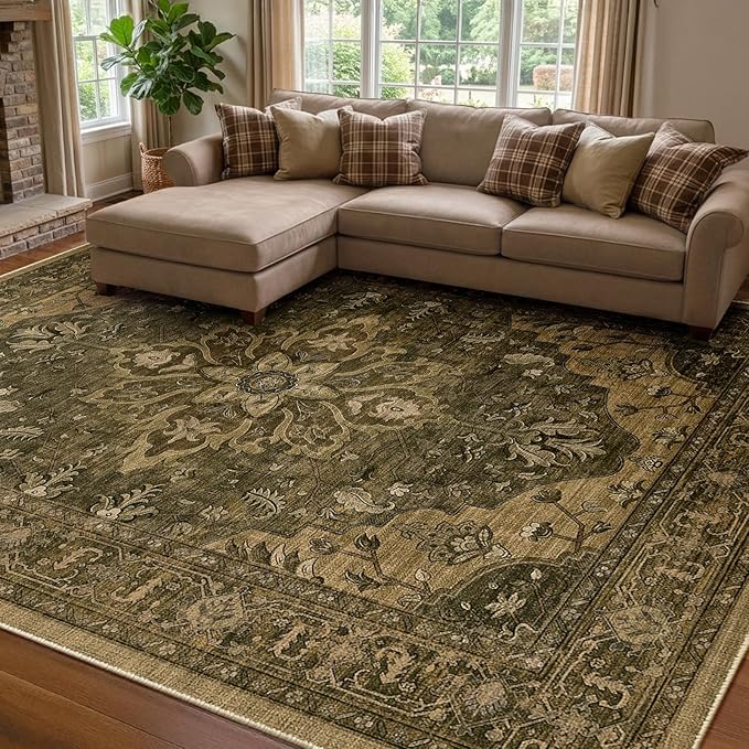 Area Rugs 8'x10' Washable Non-Slip, Floral Vintage Distress Print Pattern Medallion Carpet for Living Room Bedroom Dining Room, Brown Dark Brown