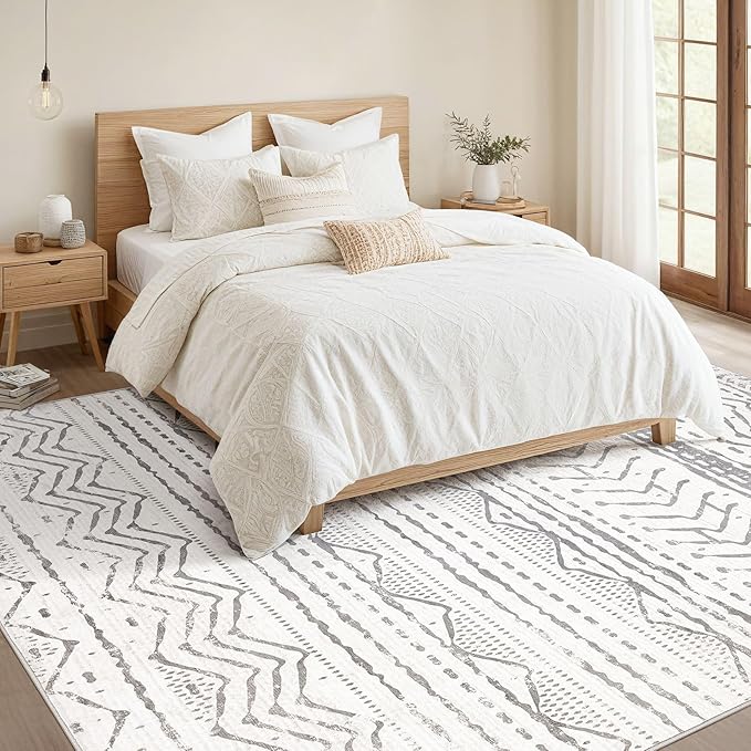 Nakagishi 5x7 Area Rug Living Room: Machine Washable Boho Large Neutral Farmhouse Stain Resistant Indoor Floor Rugs Moroccan Carpet for Bedroom Nursery Dorm Classroom Playroom Dining Room- Grey White