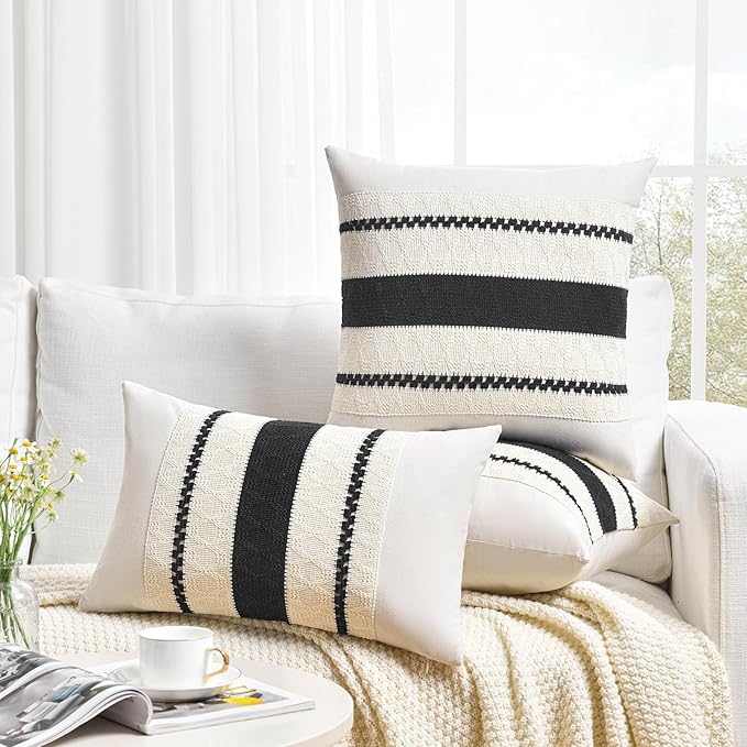 Fancy Homi Set of 1 Boho Black Decorative Throw Pillow Cover 22x22 Inch for Couch Bed Sofa, Aesthetic Modern Organic Farmhouse Home Decor, Soft Cotton Cute Accent Macrame Woven Cushion Case