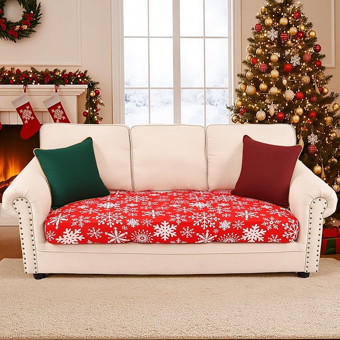 Smiry Printed Couch Cushion Covers, Stretch Soft Couch Covers for Sofa, Washable Non-Slip Sofa Slipcover Furniture Protector for Indoor and Outdoor (Large, Red with White)