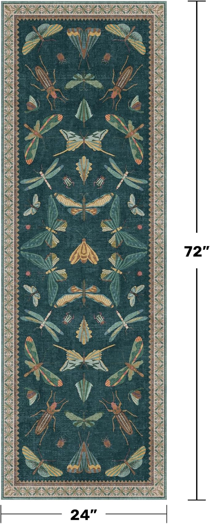 Hazo Haus Brown and Green Kitchen Sink Runner Rug 2x6 - Teal Boho Bathroom Rugs for Entrance Indoor, Insect Print Floral Vintage, Washable Non Skid Stain Resistant