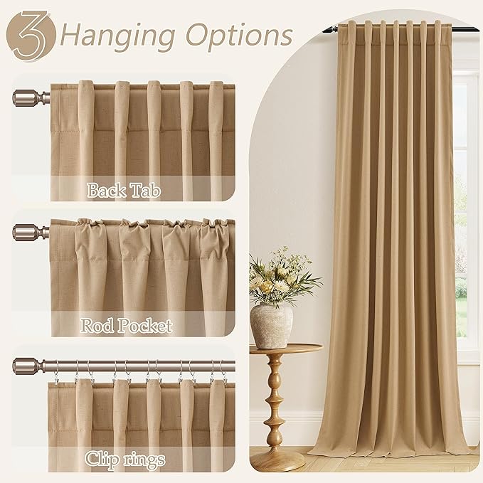 Guken Camel Brown 100% Blackout Linen Curtains 102 Inch Length 2 Panels Set for Living Room Back Tab Thermal Insulated Black Out Drapes Room Darkening Farmhouse Style for Bedroom Window Curtains