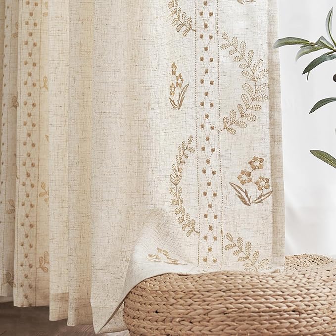 jinchan Belrose Linen Curtains for Bedroom Floral Curtains 84 Inch Length Linen Blend Beige Embroidered Drapes Farmhouse Flower Patterned Drapes for Living Room Window Treatments Set 2 Panels