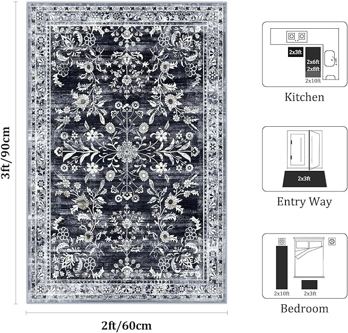 Yamaziot Washable Runner Rug 2x3 – Non Slip Small Entryway Rug Boho Floral Rug with Rubber Backing, Low Pile Faux Wool Distressed Carpet for Indoor Door Mat, Kitchen, Laundry Entrance, Navy/Black