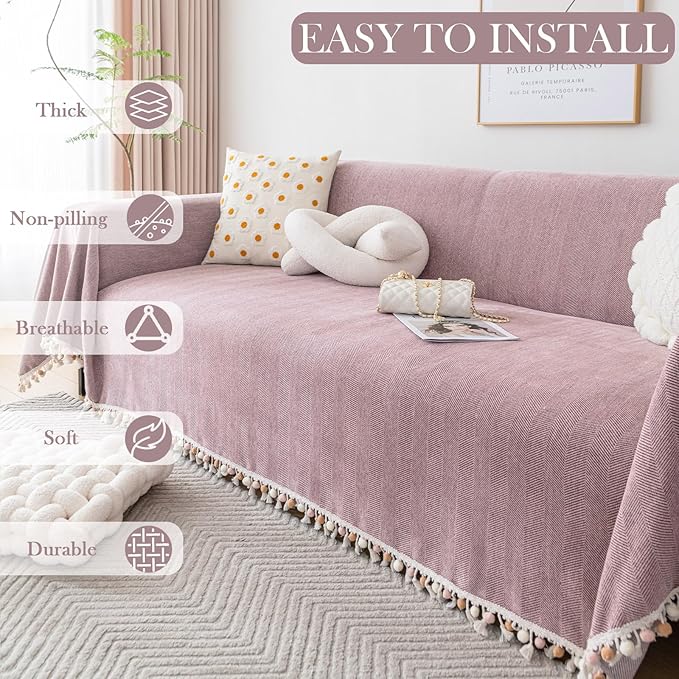 HANDONTIME Soild Couch Covers for Dogs Pink-Purple Sofa Covers Boho Cover for Sofa 3 Seats Chenille Sofa Throw Cover Mauve Sofa Covers for 3 Cushion Couch Tassel, Washable, Pet Friendly, 71" X134"