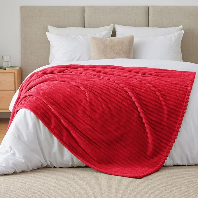 BEDELITE King Size Blanket for Bed, 300GSM Soft & Warm Fleece Blanket, Decorative and Giftable Striped Red Blankets for Women, Men, 108"x90"