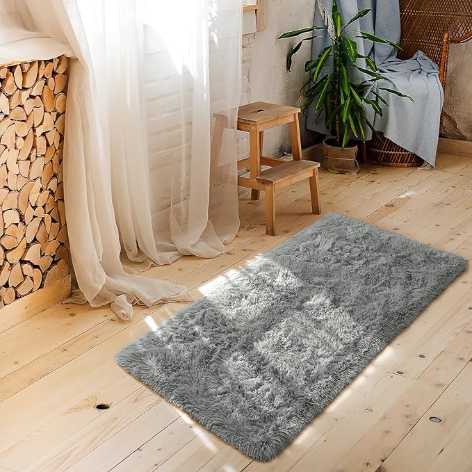 Amearea Shag Small Rug, Fluffy 2x4 Feet Throw Rugs for Bedroom Girls Living Room, Extra Soft and Fuzzy Shaggy Carpet, Non Slip, Solid Color Nursery Home Floor Decor Carpets, Grey