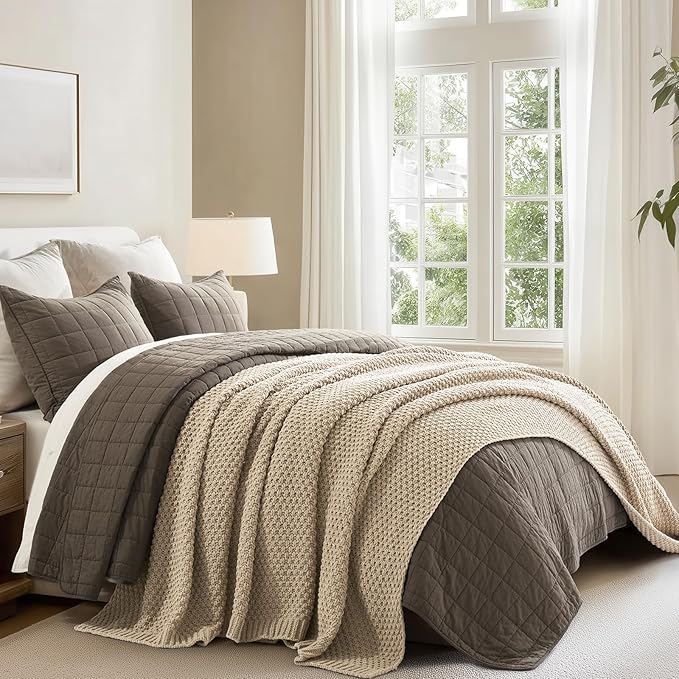 EVERGRACEHOME Chunky Chenille Knit Throw Blanket for Couch, Soft Luxurious Oversized Queen Moss Stitch Blanket for Bed, Cozy Farmhouse Knitted Throw for Sofa, Sand Dune, 90" x 90"