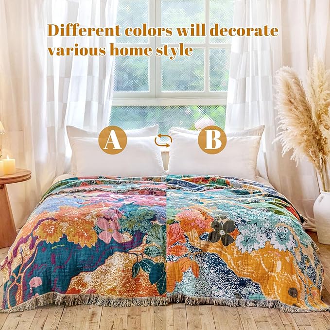 MSGKV Boho Throw Blanket for Couch 50"x60" Cotton Floral Blankets for Sofa Chair Spring Breathable Farmhouse Home Decor All Seasons Lightweight Muslin