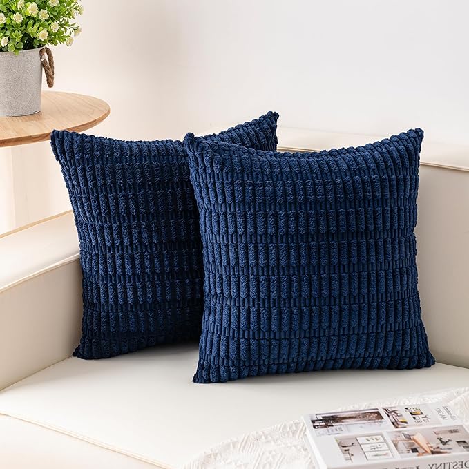 Pack of 2 Corduroy Decorative Throw Pillow Covers 18x18 InchSoft Boho Striped Pillow Covers Modern Farmhouse Home Decor for Sofa Living Room Couch Bed（Blue）