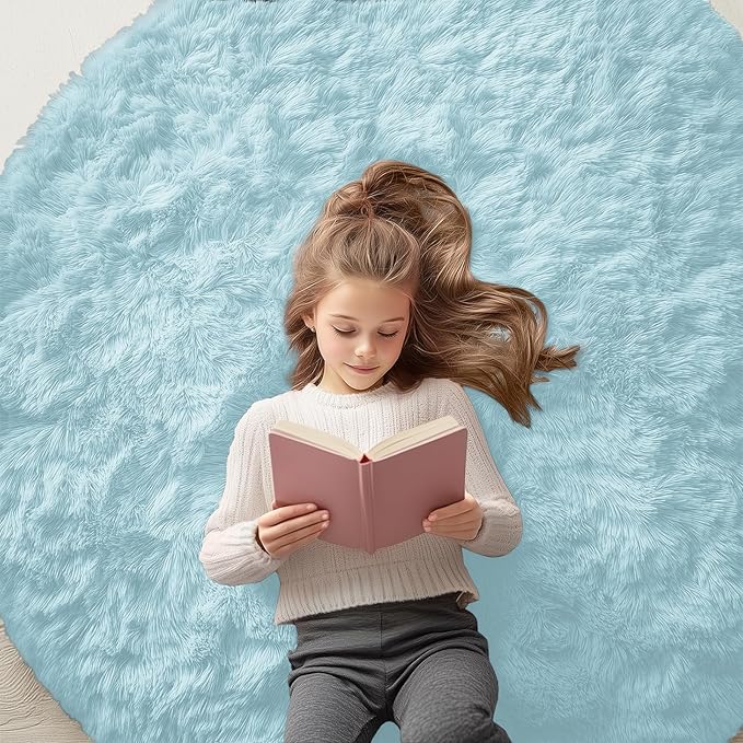 OLANLY Light Blue Round Rugs for Bedroom - Machine Washable, 5 ft Circle Area Rugs for Living Room, Soft and Fluffy Shaggy Carpet for Teen Girl and Boys, Nursery Rooms, Dorms, Home Decor Aesthetic
