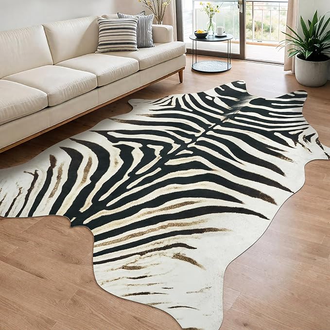 AROGAN Western Faux Fur Zebra Rug, 8 x 10 Feet Premium Animal Skin Print Rug, Sturdy Faux Zebra Hide Rugs for Wall Decor, Western Floor Carpet for Bedroom Living Room, Black