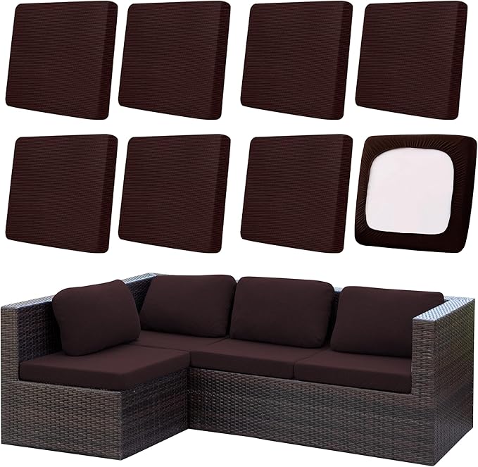 8Pcs Outdoor Cushion Covers, Patio Cushion Covers,Stretch Elastic Slipcovers, Replacement Washable & Reusable Furniture Protector for Patio Couch,Thick Jacquard Fabric(Coffee, Cover Only)