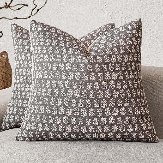 Foindtower Set of 2 Decorative Neutral Floral Print Throw Pillow Covers Vintage Accent Farmhouse Cushion Covers Boho Home Decor for Sofa Couch Chair Bedroom Living Room,20×20 Inch,Rustic Gray