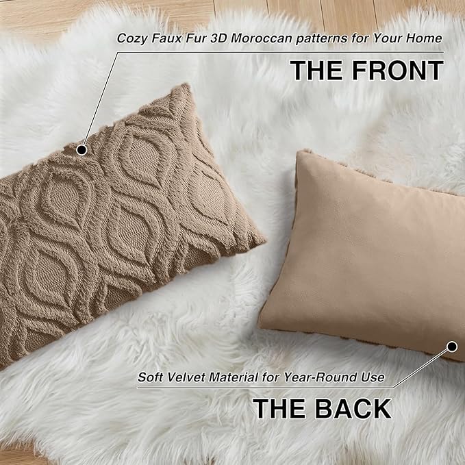 decorUhome Throw Pillow Covers 12x20 Inch Set of 2, Soft Plush Faux Wool Light Brown Solid Couch Pillow Covers, Accent Farmhouse Neutral Rectangle Pillow Cases for Sofa Bed Living Room