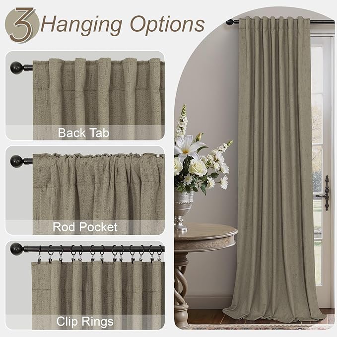 Living Room Darkening Curtains 63 Inches Long Small Bay Window Blackout Soundproof Dining Room Curtains Rustic Farmhouse Linen Dark Taupe Curtain 63 Inch Length 2 Panels Back Tab Pocket Pleated Drapes
