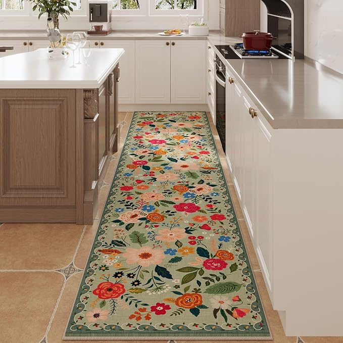 Rugcomf Runners for Hallways Kitchen Runner Rug Non Slip 2'x 10' Long Washable Rugs with Rubber Backing Soft Floral Carpet Runner for Hallways, Kitchen, Laundry, Bedroom, Bathroom(Green)