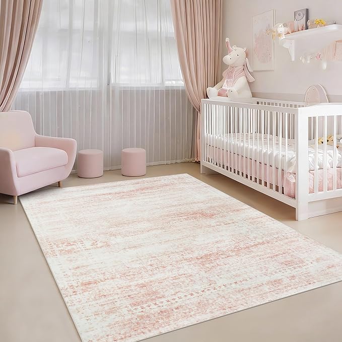 Washable Rugs 4x6 Area Rugs for Living Room,Bedroom,Kids Room,Nursery- Soft Faux Wool Small Carpets,Non Slip&Non-Shedding Low Pile Vintage Print Rugs for Enterway,Home Office Decor-Pink White