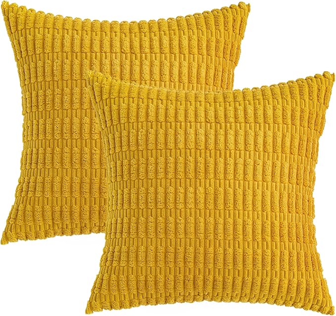 MIULEE Pack of 2 Corduroy Decorative Euro Sham Throw Pillow Covers 24x24 Inch Soft Boho Striped Pillow Covers Modern Farmhouse Home Decor for Summer Sofa Living Room Couch Bed Mustard Yellow
