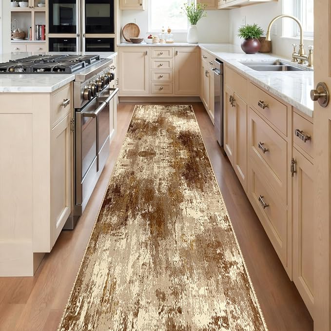 Washable Area Rugs 2'x10' Non-Slip Modern Abstract Soft for Living Room Entryway Bedroom Nursery, Print Pattern, Brown Tan Beige Coffee