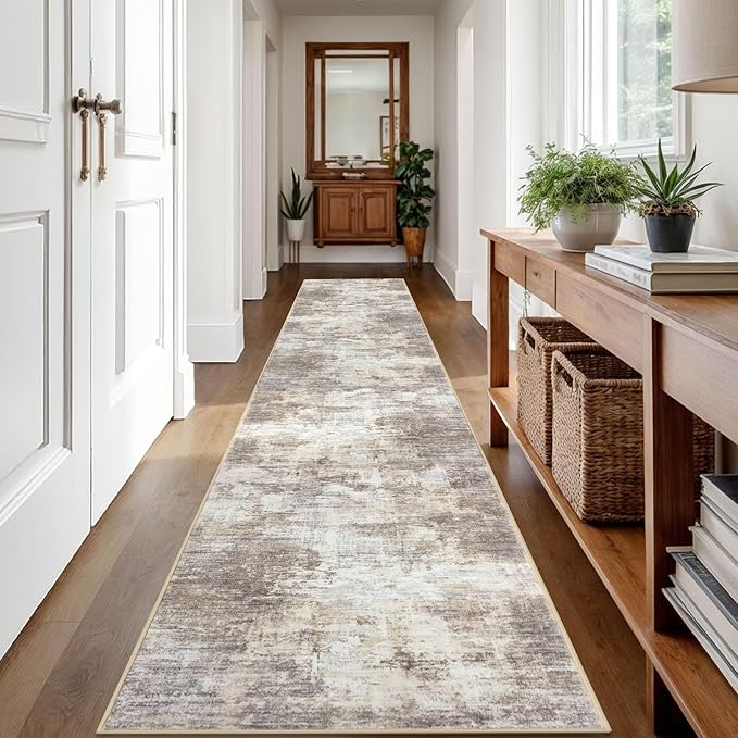 IOHOUZE Abstract Runner Rug 2x12 Ft Washable Runners for Hallways, Non Slip Kitchen Runner Printed Faux Wool Entryway Runner Indoor, Modern Abstract Floor Carpet for Hall Kitchen, Beige Brown