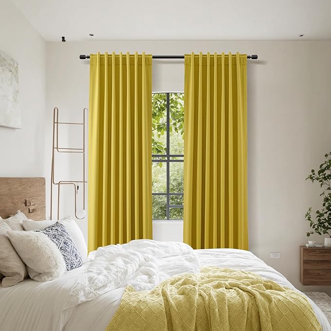 Guken Celery Yellow 100% Blackout Linen Curtains 102 Inch Length 2 Panels Set for Living Room Bedroom Back Tab Rod Pocket Thermal Insulated Black Out Drapes Room Darkening,52x102
