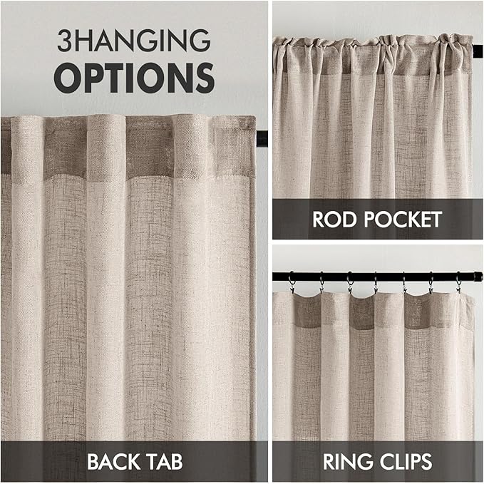 MIULEE Natural Linen Curtains 108 Inches Long 2 Panels for Bedroom Living Room, Soft Linen Textured Window Drapes Semi Sheer Light Filtering Back Tab Rod Pocket Farmhouse Modern Burlap Look Decor