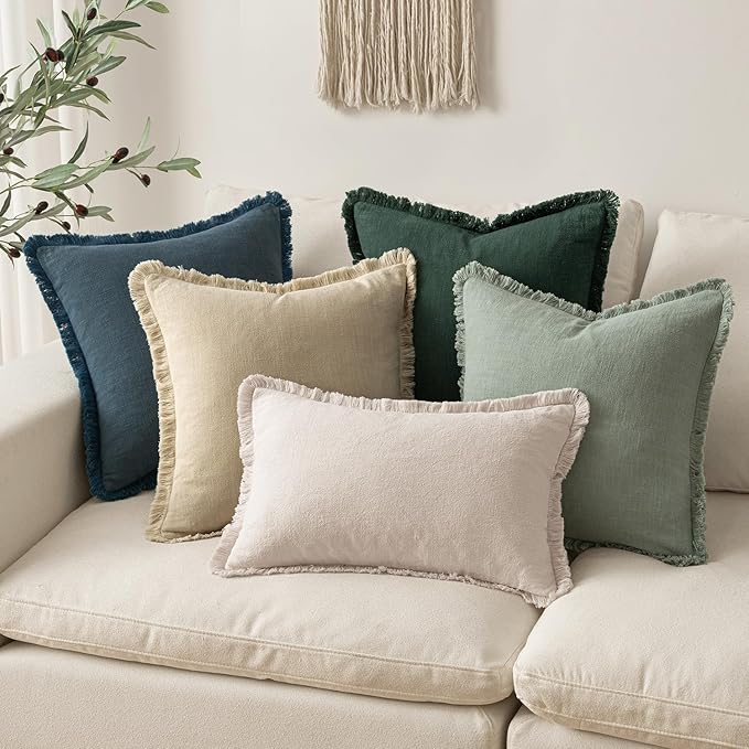 MIULEE Decorative Throw Pillow Covers Neutral Linen Fringe Throw Pillows Euro Shams Set of 2 Navy Blue Boho Farmhouse Cushion Covers for Couch Sofa Bed Living Room Spring Home Decor 22x22 Inch
