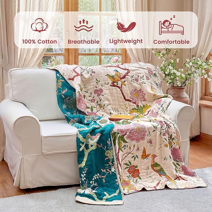 MSGKV The Boho Layer: 60"x80" Cotton Throw Blanket – Full Size for Couch Snuggles, Twin Bed Topper | Lightweight & Breathable Reversible Chinoiserie Floral & Bird Pattern, Decorative Accent
