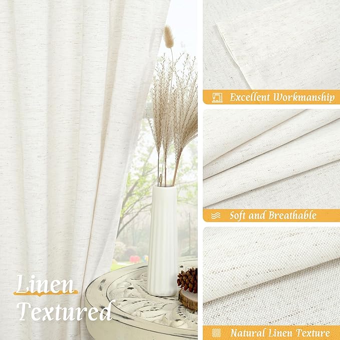 LAMIT Linen Semi Sheer Curtains 84 inch Long 2 Panels, Natural Ivory Soft Light Filtering Living Room Panels Rod Pocket Neutral Window Treatment Privacy Drapes for Bedroom/Farmhouse, 52 x 84 Inch