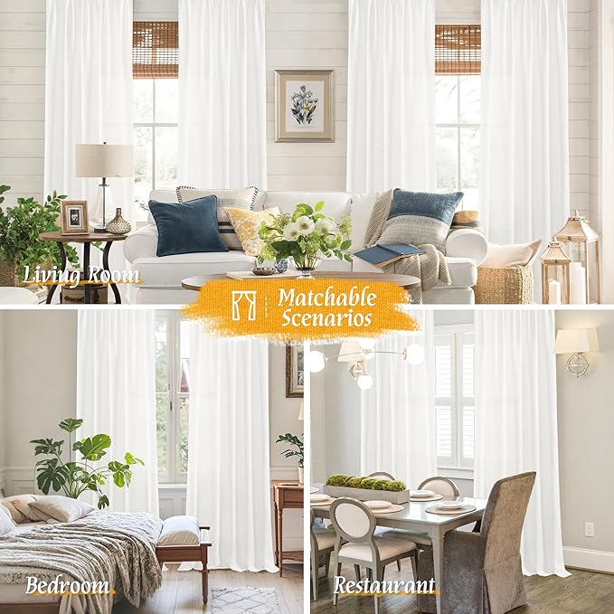 LAMIT Natural Linen Curtains for Bedroom, 84 Inch Length Faux Linen Textured Light Filtering Drapes Rod Pocket Window Treatment Panels for Living Room, Set of 2 Panels, 52 x 84 Inch, Ivory White