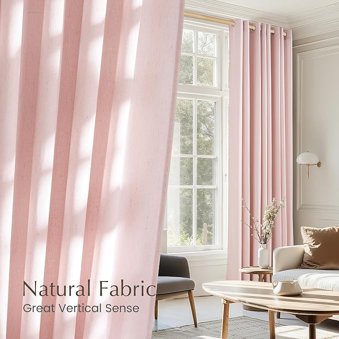 NICETOWN Thick Linen Light Pink Curtains for Kids Room, Grommet Flax Linen Privacy Added with Light Filtering Window Treatments for Girls Room, W55 x L96, 2 Panels