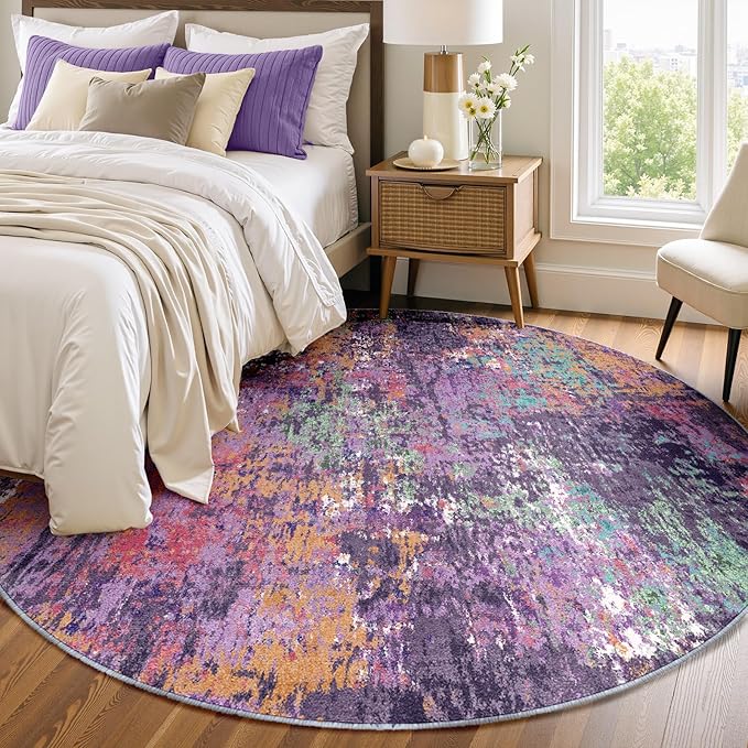 Washable Area Rugs 6ft Non-Slip Modern Abstract Soft for Living Room Entryway Bedroom Nursery, Print Pattern, Purple Orange Blue Green Rust Red Colorful