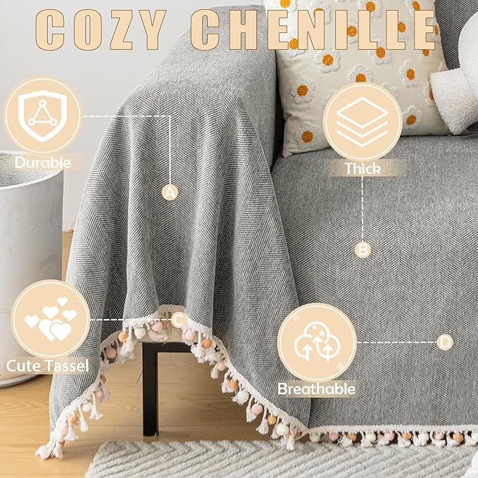 HANDONTIME Couch Slipcovers for Sofas Dark Grey Couch Cover Sofa Cover for Dogs Boho Pet Couch Protector with Tassel Chenille Herringbone Couch Cover for 2 3 Seat Washable Pet Friendly, 71" X134"
