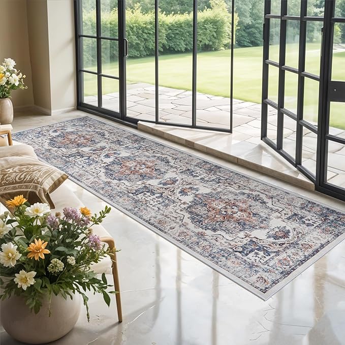 Hallway Washable Runner Rug - 2x10 Kitchen Rugs Entryway Rug Runner Vintage Soft Floor Mat Non Slip Indoor Farmhouse Carpet for Bathroom Living Room Bedroom (2 X 10, Brick)