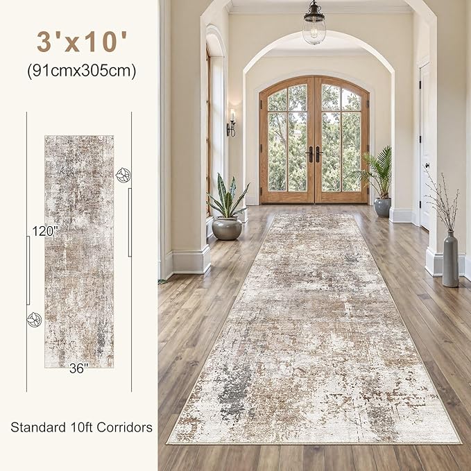 UERMEI 3X10 Washable Runner Rug for Hallway: Soft Neutral Modern Abstract Area Rug - Non-Slip Low Pile Long Throw Indoor Carpet for Kitchen Entryway Kitchen Bedroom Laundry Bathroom - Brown/Grey/Red