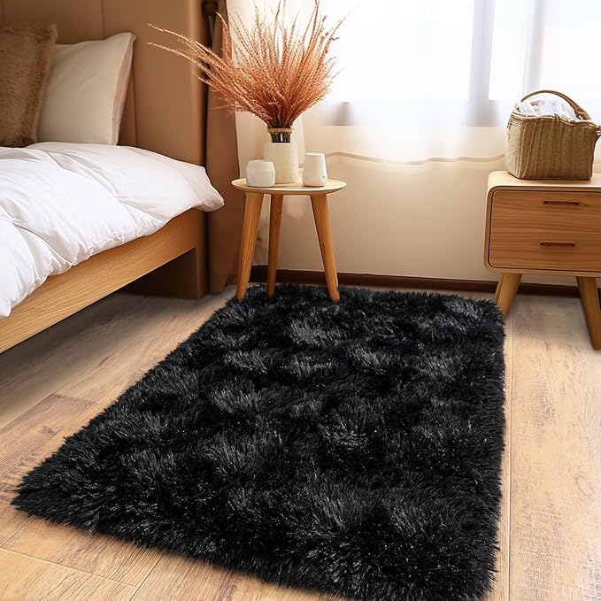 Pionblank Fluffy Small Rug for Bedroom 2x3 Feet, Shag Soft Area Rug, Modern Plush Carpet, Furry Cute Bedside Rug for Kids Girls Boys Room Nursery Decor, Black