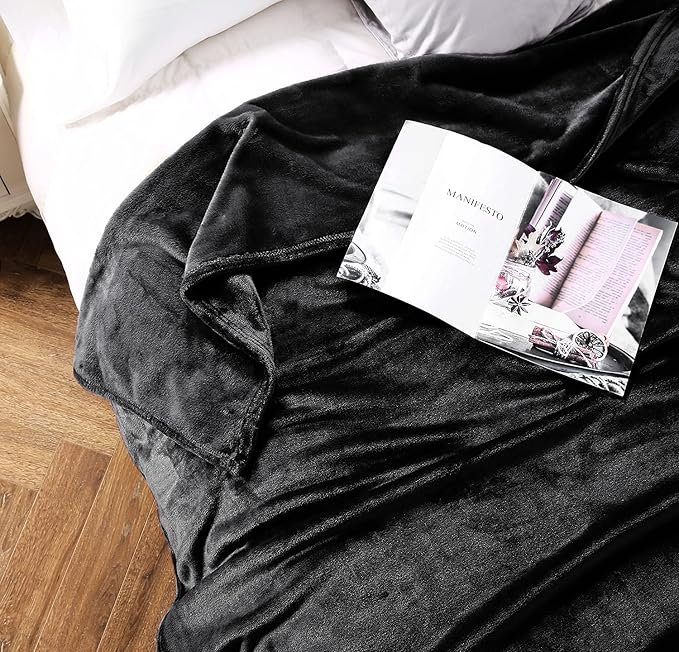 TASTHROW Large Flannel Fleece Throw Blanket, 90×90 Inch - Cozy Lightweight Thick Blanket - All Seasons Suitable for Women, Men and Kids (Black)