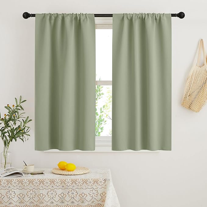 RYB HOME Blackout French Door Window Curtain Covering, Rod Pocket Thermal Insulated Privacy Non See Through Drapes for Bathroom Window, Width 29 by Length 45, Sage Green, 2 Panels