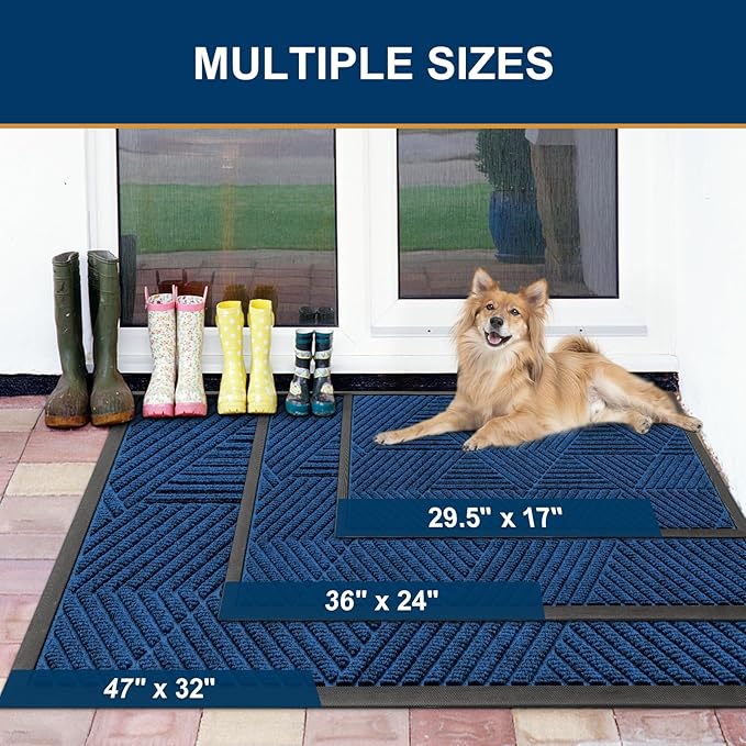 Smiry Front Door Mat Outside Entrance, Heavy Duty Sturdy Natural Rubber Doormat, Trap Dirt and Moisture, Easy Clean Low Profile Welcome Floor Mats for Indoor Outdoor Entry, 35X23 Inch, Medium Blue