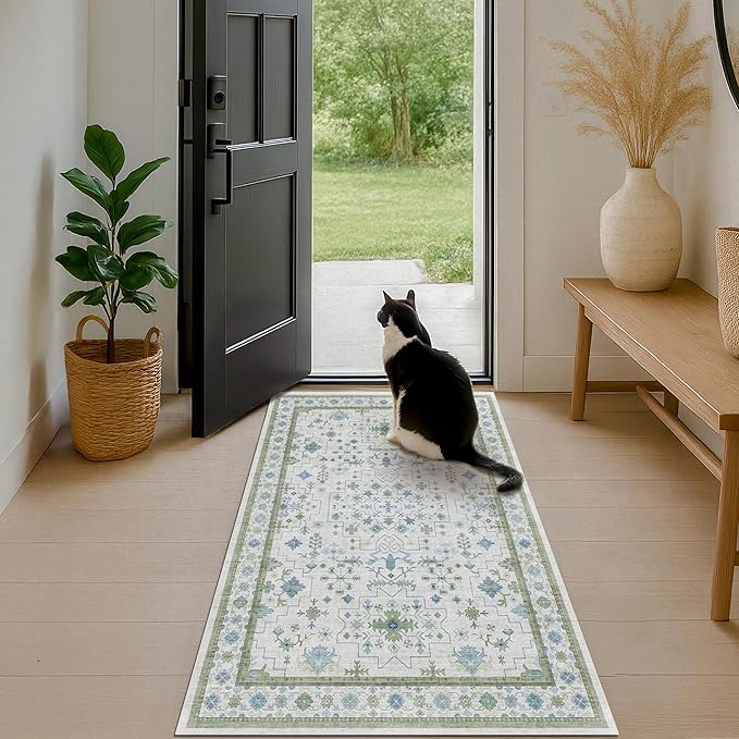 Blue and Green Washable Rugs 3x4 - Vintage Boho Floral Pastel Cream, Washable Low Pile Non Slip Small Throw Accent Area Rug for Bathroom, Door Mat Indoor Entrance, Kitchen, Bedroom Beside Bed Decor