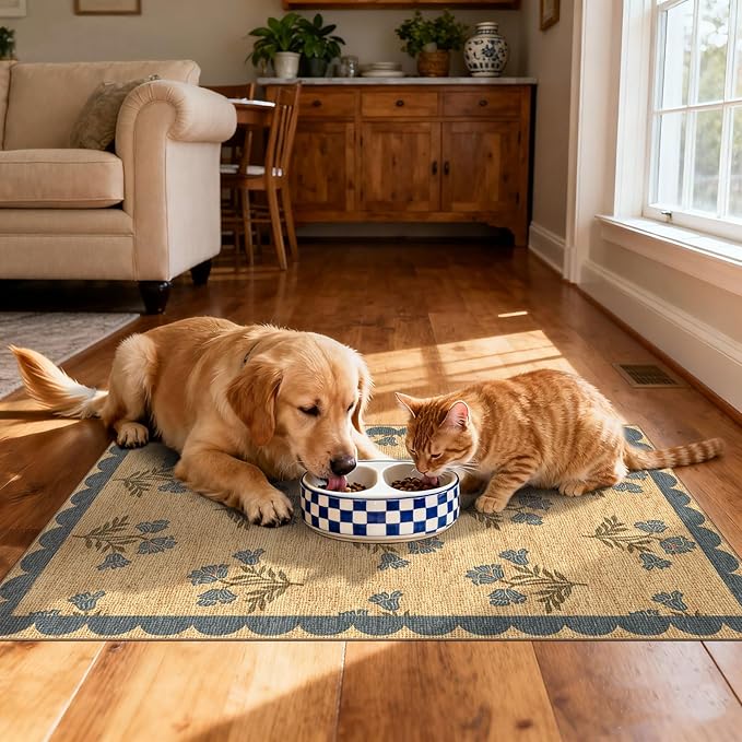 Floral Outdoor Rug - 28" x 43" Front Door Mat Indoor Outside Entrance Non-Slip Washable Outdoor Mat Jute-Look Blue Scalloped Rug for Entryway Kitchen Mudroom Layered Doormat for Front Porch