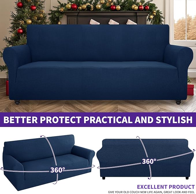 ZNSAYOTX Super Stretch Couch Cover (72"-92") Universal Sofa Covers with Elastic Bottom, Dog Cat Pets Friendly Washable Furniture Protector Fitted Sofa Slipcovers Stay in Place (Navy Blue, Sofa)