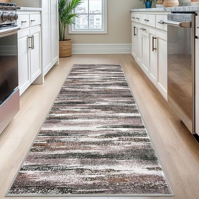 Lansny Modern Abstract Runner Rug 2.6x8, Dark Light Brown White Washable Kitchen Runner Non-Slip Soft Hallway Rug Runner Thin Print Faux Wool Carpet for Entryway Bedroom Laundry Room Indoor