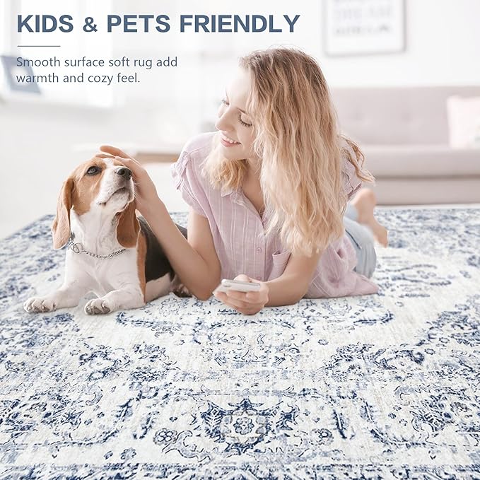 6x9 Area Rugs for Living Room: Washable Rug Vintage Large Rugs Soft Non Slip Low Pile Rug Floral Distressed Floor Carpet for Bedroom Kitchen Nursery Dining Room Home Office (Blue, 6'x9')