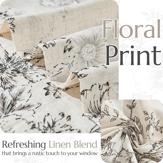 jinchan Pinch Pleated Curtains Floral Linen Blend Curtains for Living Room 96 Inches Length Black Peony Flower Printed Curtain Rod Pocket Back Tab Farmhouse Pinch Pleat Drapes with Hooks Set 2 Panels