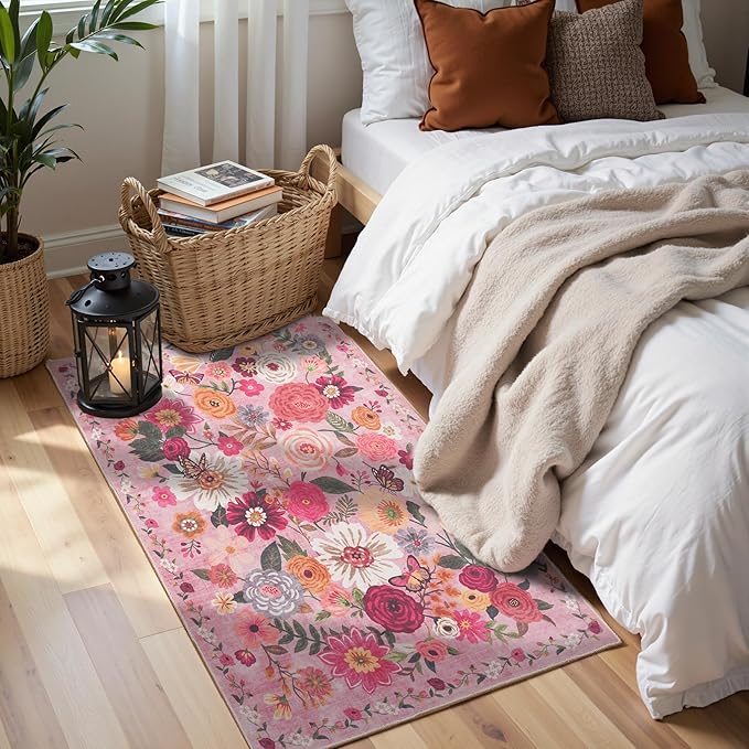 2x5 Entryway Runner Rugs, Non Slip Washable Rugs with Rubber Backing Soft Floral Carpet Runner for Kitchen, Laundry, Bedroom, Bathroom(2 x 5, Pink Garden)